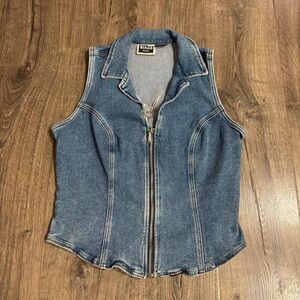 VTG BIKER BLUES Harley Davidson Blue Stretch Denim Vest Zip Front Womens Sz 10